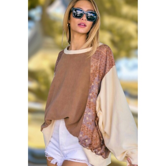 DAVI & DANI Plus Size Rust Cream Solid & Boho Print Oversized Pullover - Picture 4 of 9